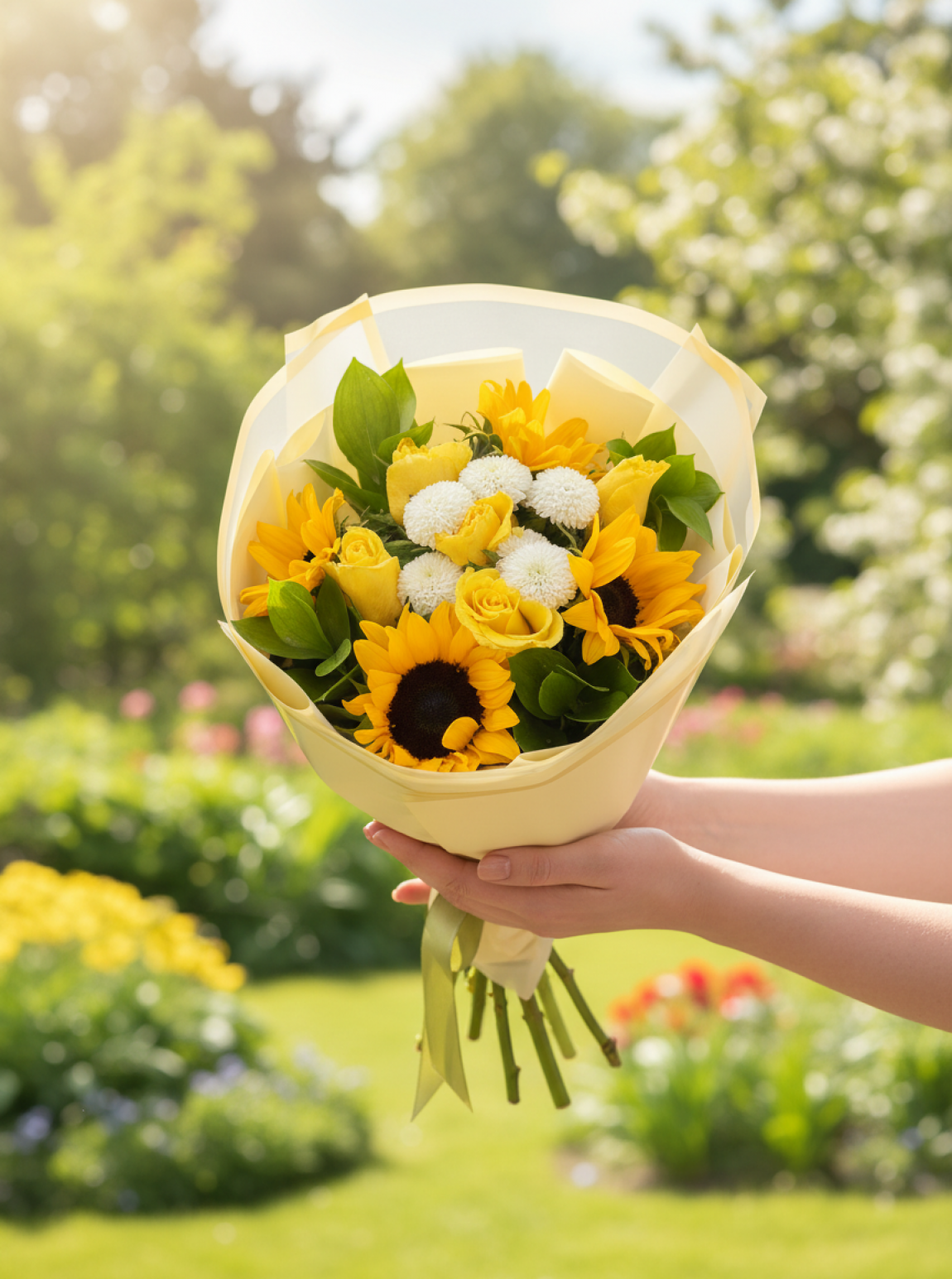 5 Sarı Gül ve Ayçiçeği Buketi - Güneş Ve Zarafet