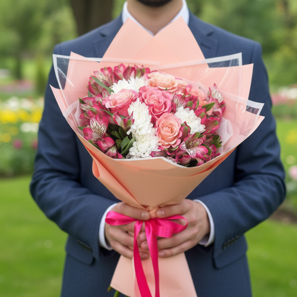 İnka Zambağı (Alstroemeria) Ve 5 Pembe Gül Buketi