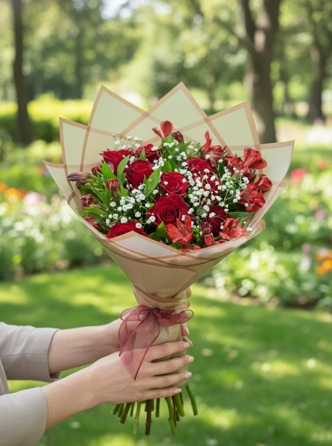 9 Kırmızı Gül ve İnka Zambağı - Kırmızı Tutku Buketi