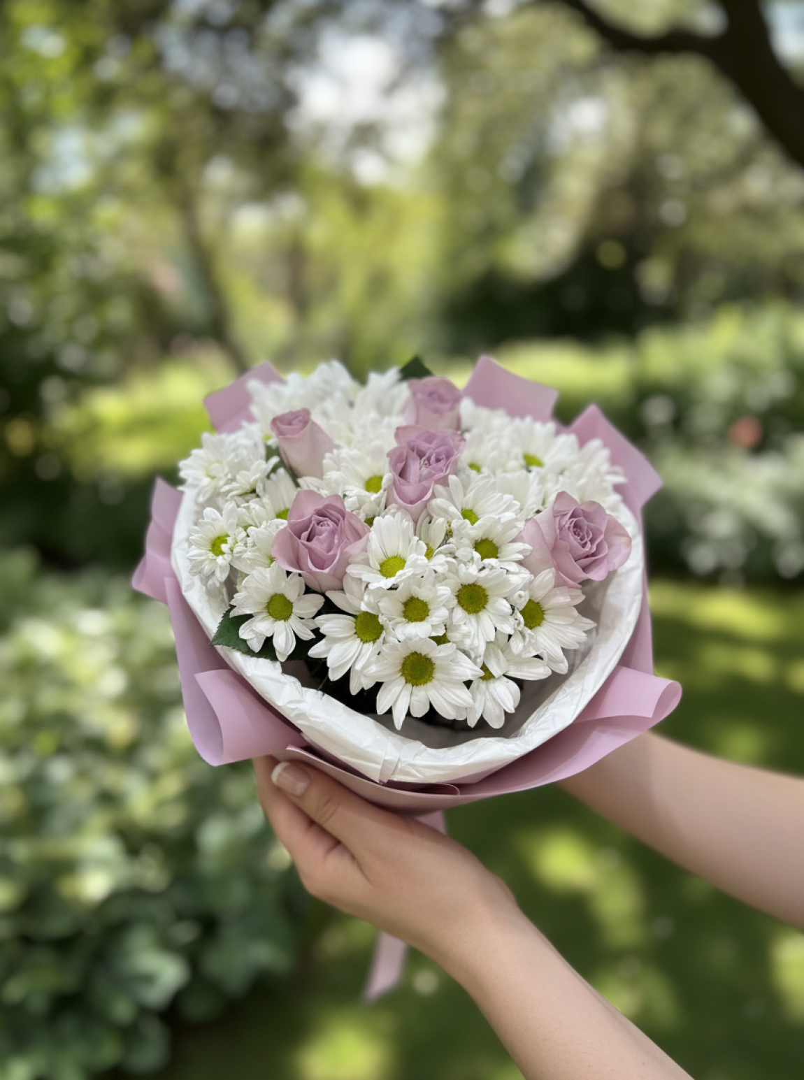 5 Lila Gül ve Papatya Düşü Buketi