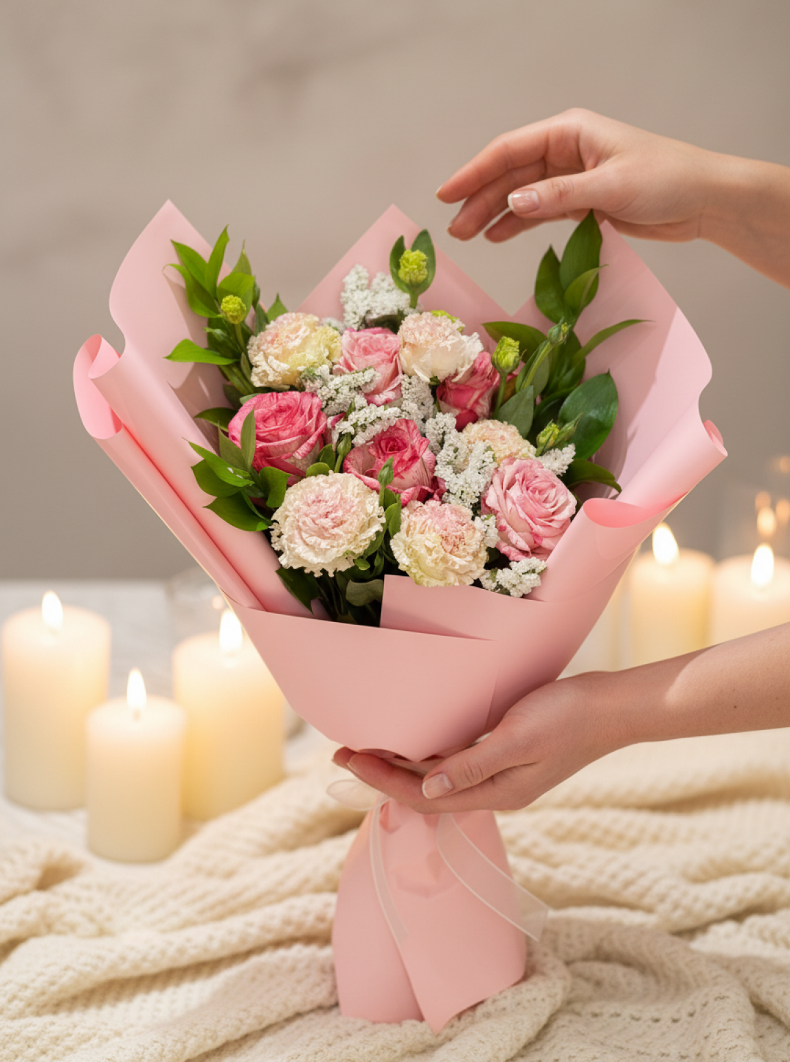 Pembe Lisyantus Ve Gül Buketi