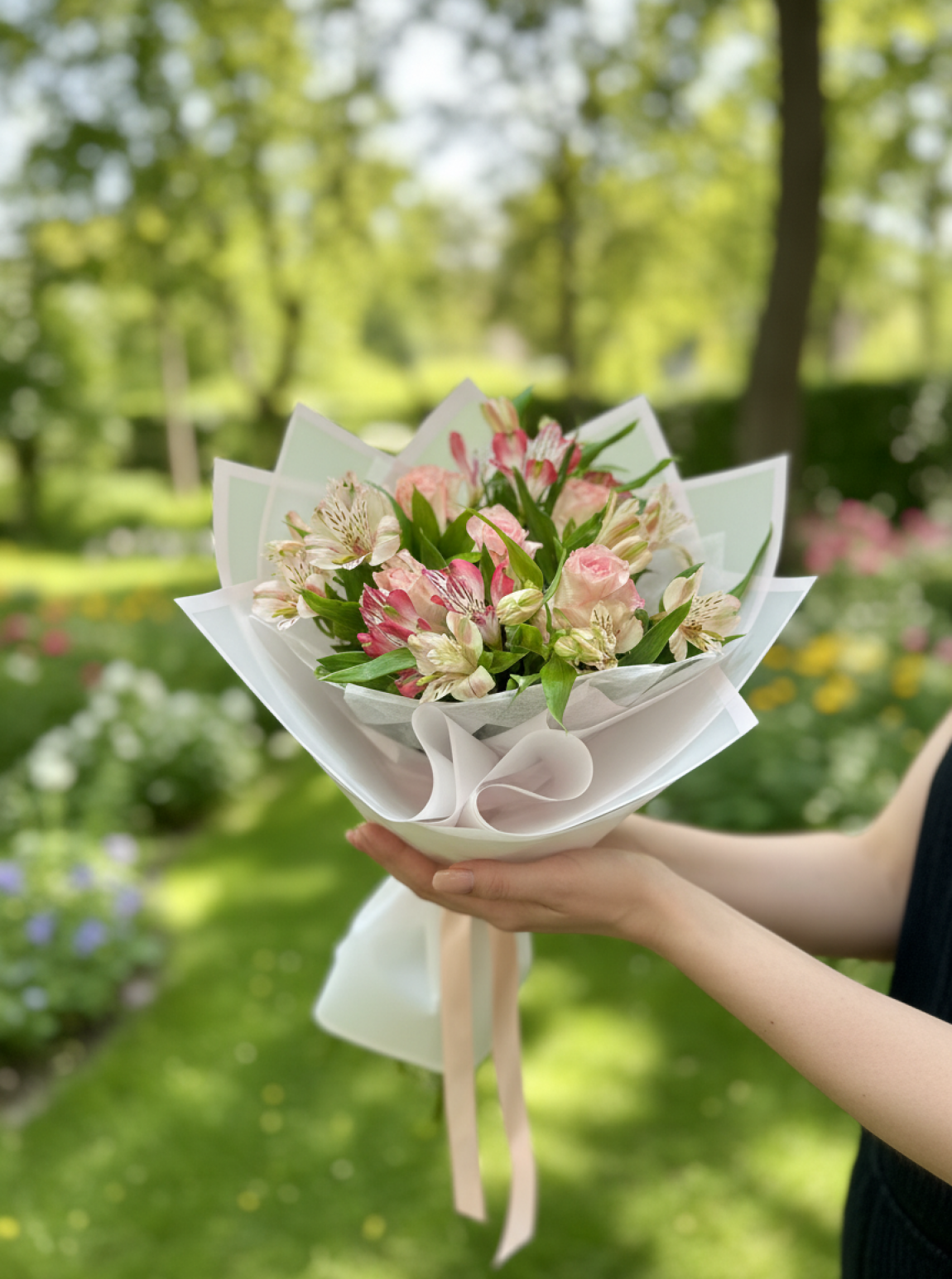 5 Pembe Gül ve İnka Zambağı - Pudra Zarafeti Buketi