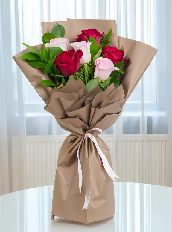 6 Adet Gül Buketi Pembe Ve Kırmızı