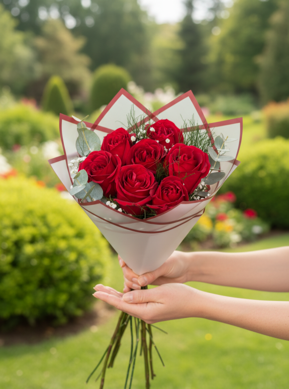 7 Kırmızı Gül Buketi - Bordo Mesaj