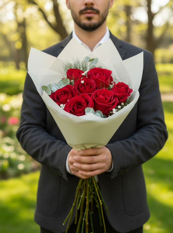 7 Kırmızı Gül Buketi - Gümüş Mesaj