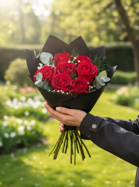 7 Kırmızı Gül Buketi - Siyah Mesaj