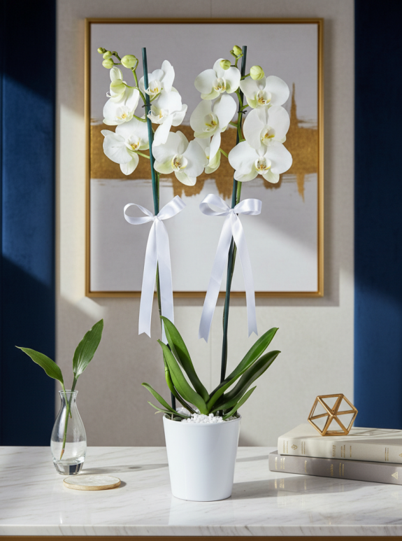Çift Dal Beyaz Orkide