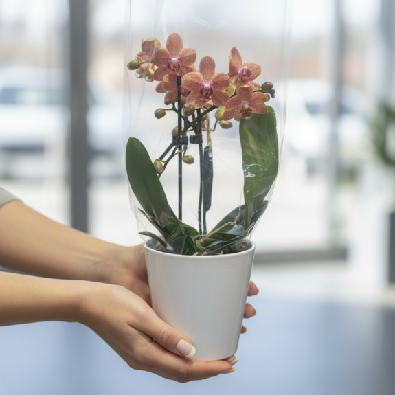 Çift Dal Mor Benekli Turuncu Mini Orkide