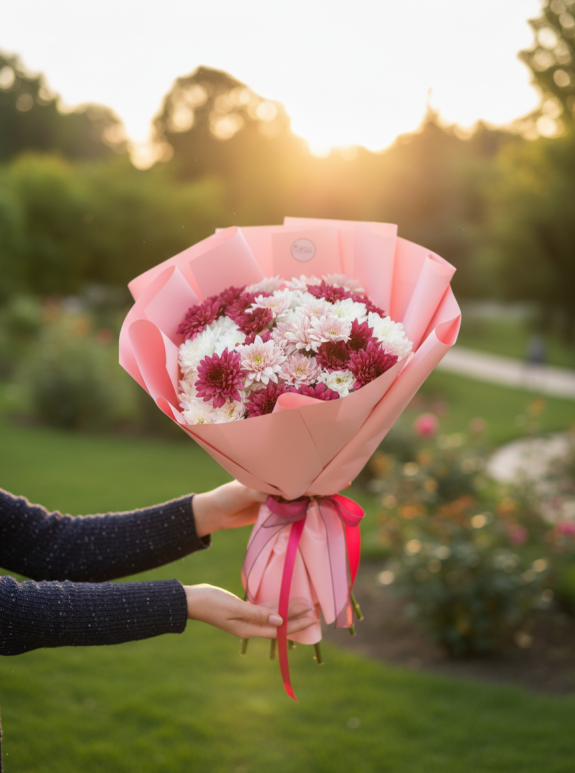 Mor Krizantem Buketi - Gün Doğumu Fısıltısı
