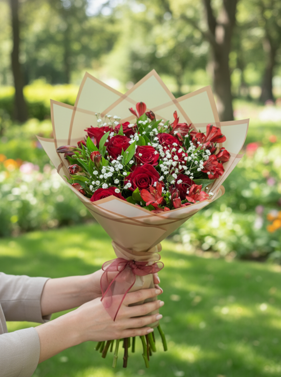 9 Kırmızı Gül ve İnka Zambağı - Kırmızı Tutku Buketi