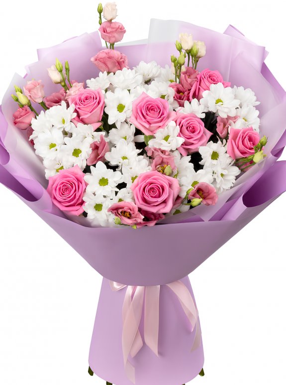 Pembe Gül Lisyantus Ve Papatya Buketi