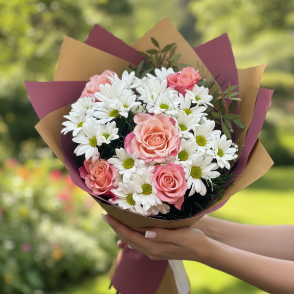 Papatya Ve 5 Pembe Gül Buketi