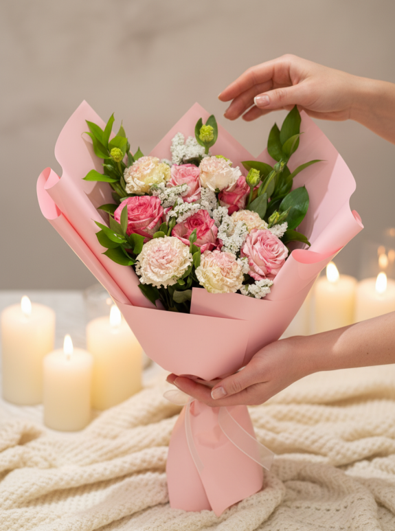 Pembe Lisyantus Ve Gül Buketi