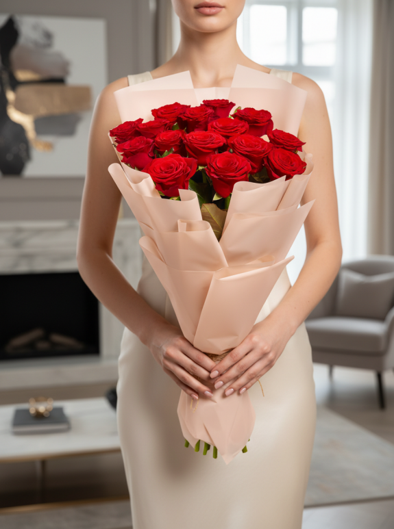 15 Kırmızı Gül Buketi Pembe Kağıtta