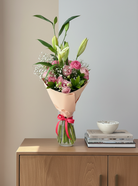 Vazoda Pembe Erengül ve Lilyum - Pembe Zarafet