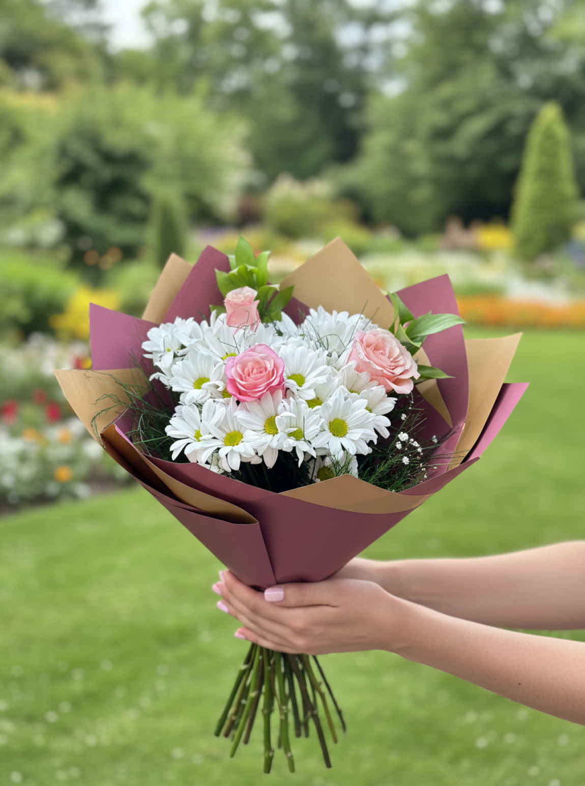 3 Pembe Gül ve Papatya Buketi - İlk His